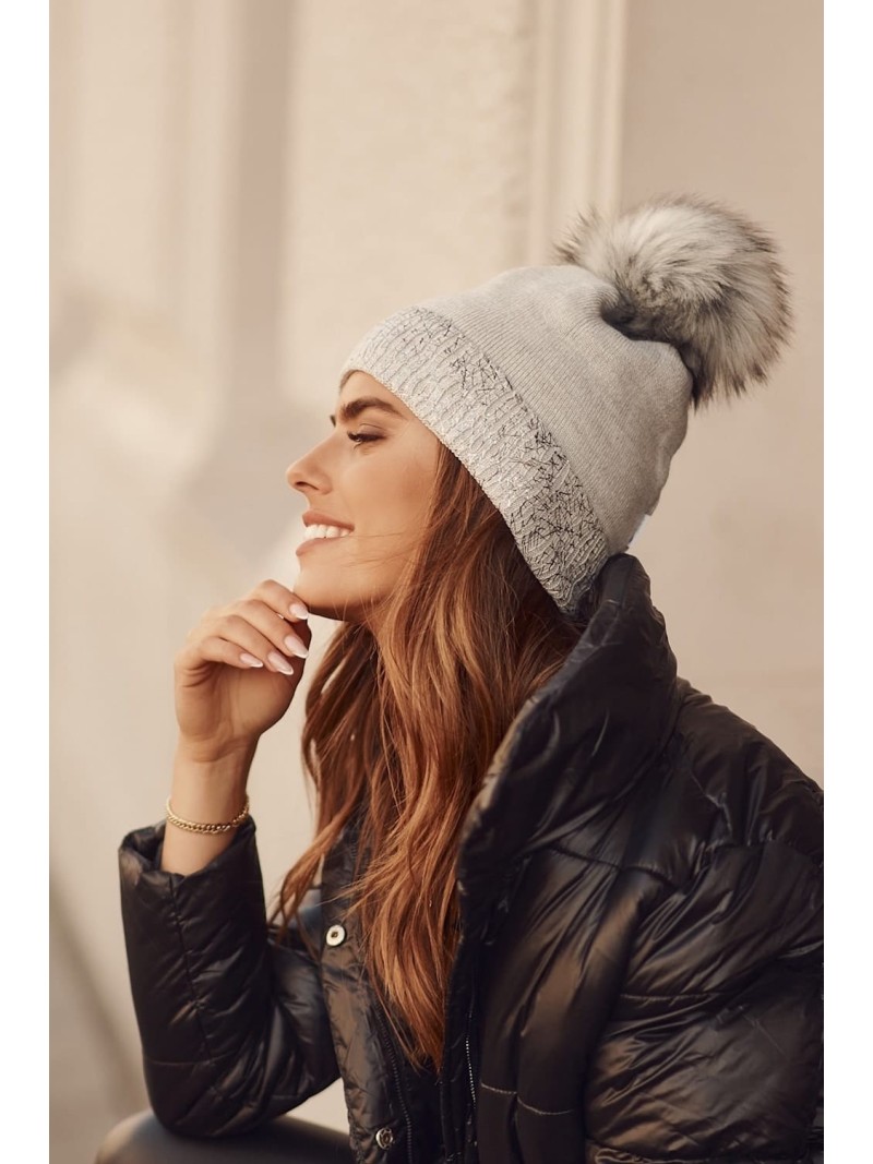 Winter hat with a shiny cuff, light gray C61 - Online store - Boutique